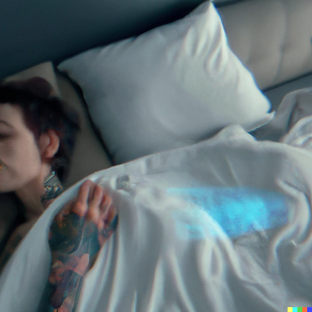 Prompt: Film still, a man in his early 30s wakes up from a nightmare by just envisioning the StarCraft menu screen mid-dream and picturing himself hitting the “quit” button on it. Wide shot of bedroom. StarCraft menu screen floating in mid-air, as imagined by the man. Black haired girlfriend with tattoo sleeve obliviously sleeping next to him.