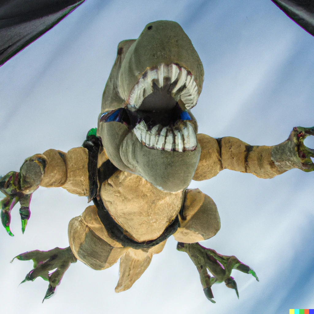 Prompt: A skydiving T-rex seen from below, GoPro footage.