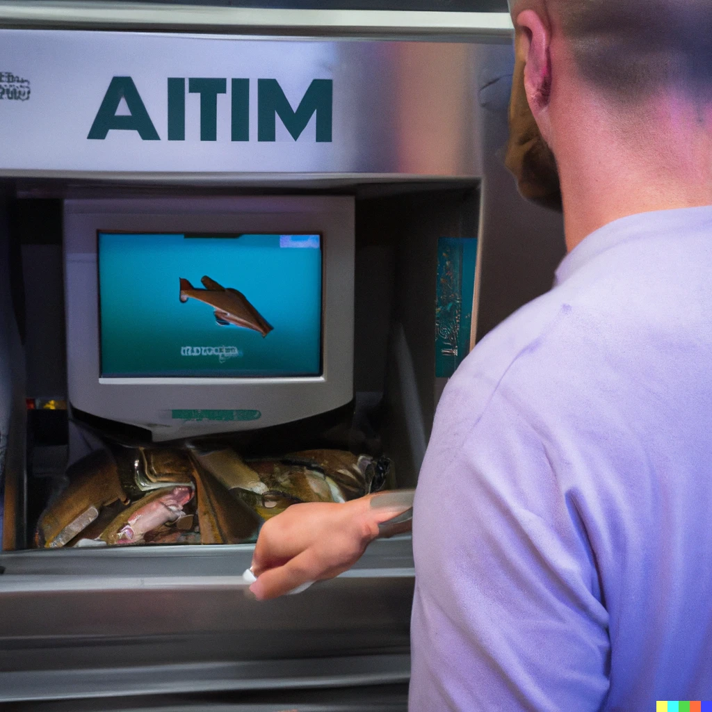 Prompt: A man withdrawing a stack of fish from an ATM. The ATM has a fish sign. A screen showing you a live view of the fish, so that you know the fish in the tank are fresh.