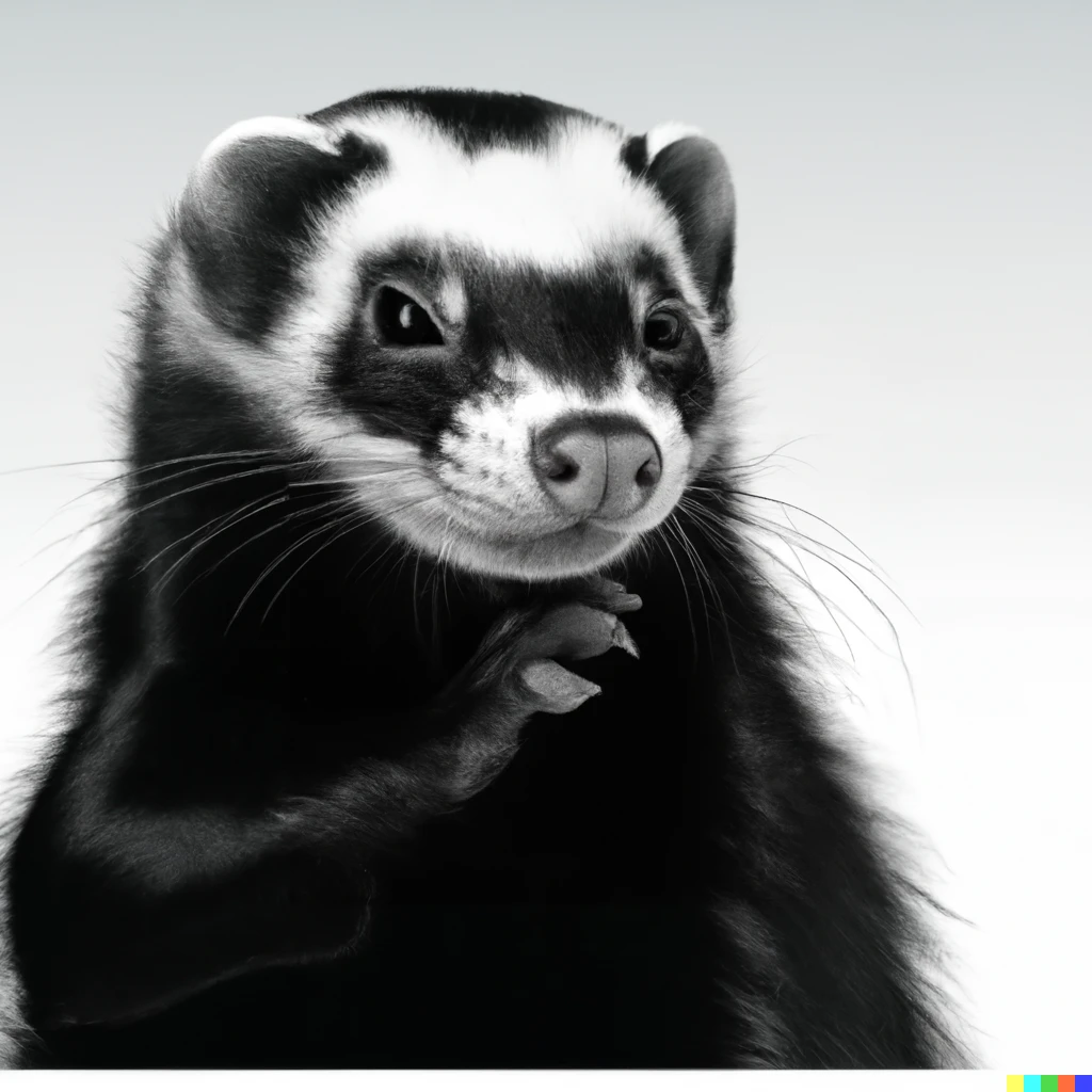 Prompt: A close-up portrait of the face of a skunk making a thinking gesture on a "Stink different." advertisement poster for the company Apple Computer, Inc. Monochrome professional studio photography.