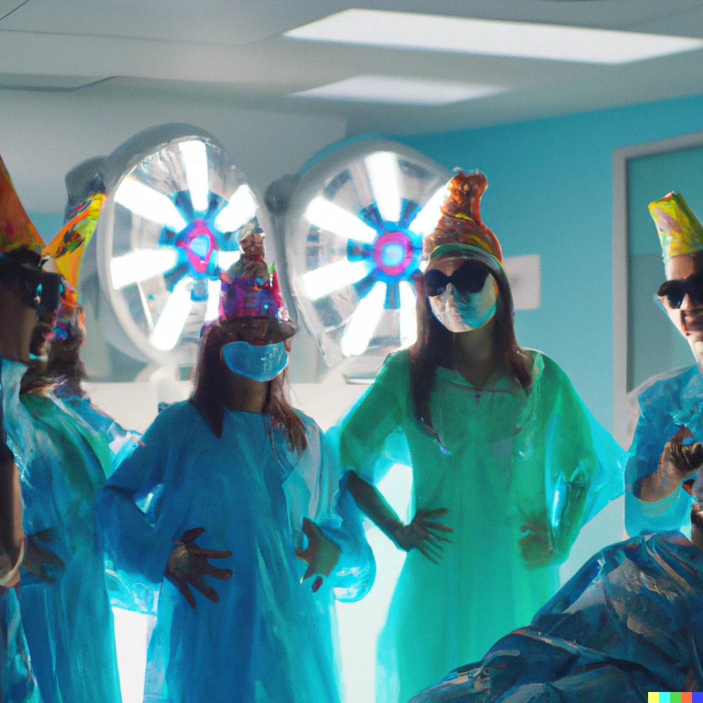 Prompt: High-quality film still of a stylish patients from India in the Willy Wonka pandemic; Multiple patients infected by the Oompa Loompa respiratory virus are being treated in the hospital. Long shot. Hospital lighting.