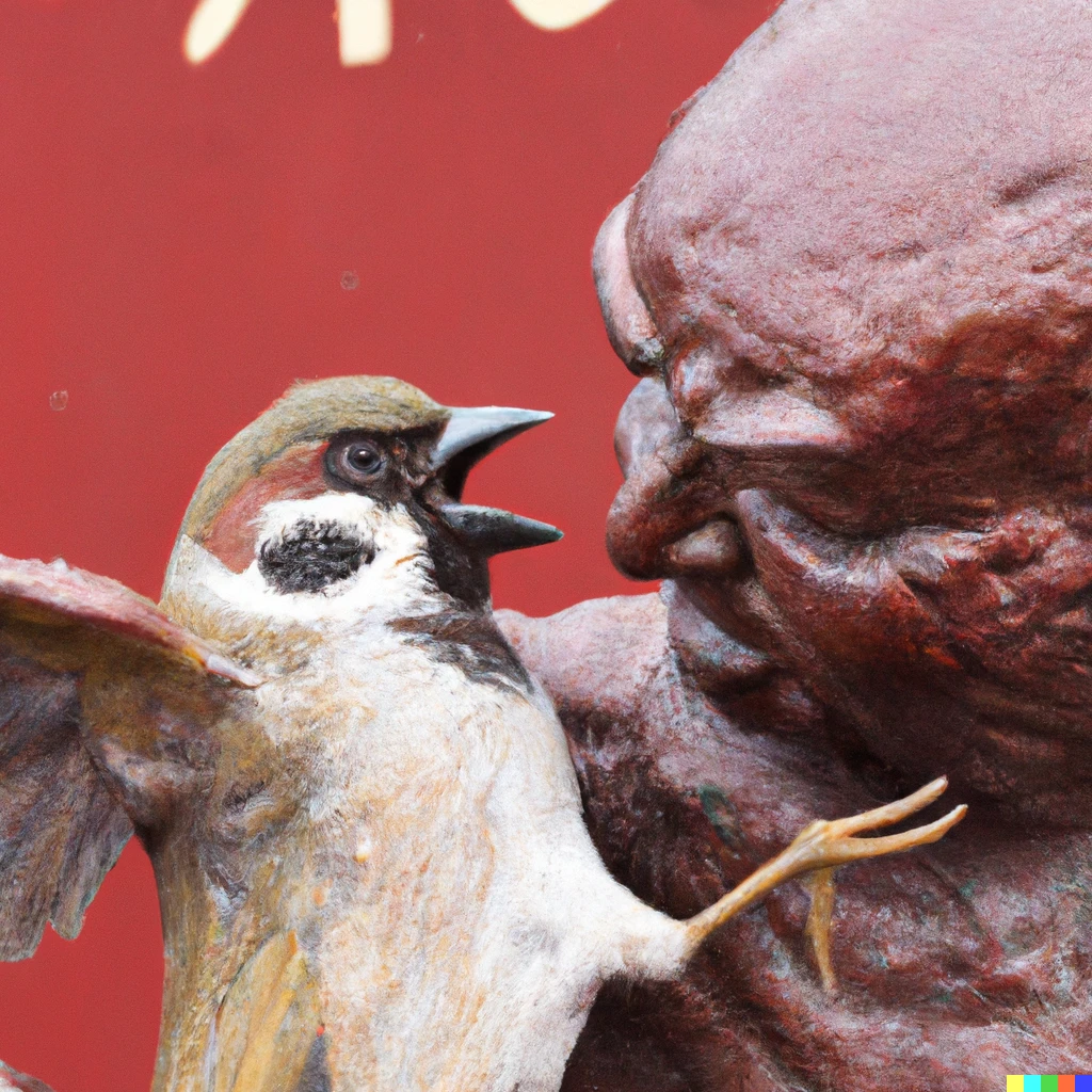 Prompt: A giant sparrow, strong arms, wrestling with Mao Zedong.