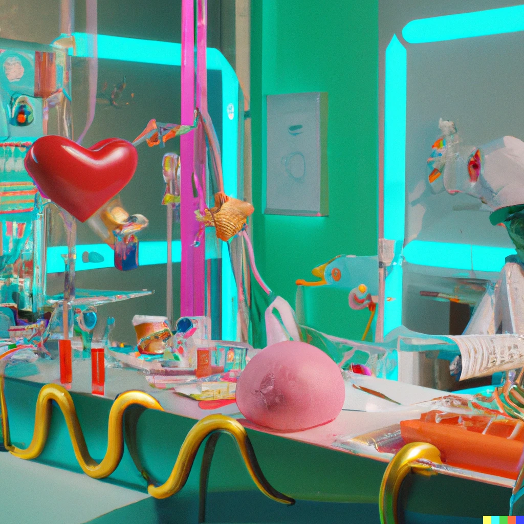 Prompt: High-quality documentary film still of Intensive Care medium care station in Willy Wonka's factory. Happy human patient is getting treatment for the Oompa Loompa virus. All medical equipment is made out of magic candy. Pastel hospital lighting. Hospital made out of Wonka factory magic candy.