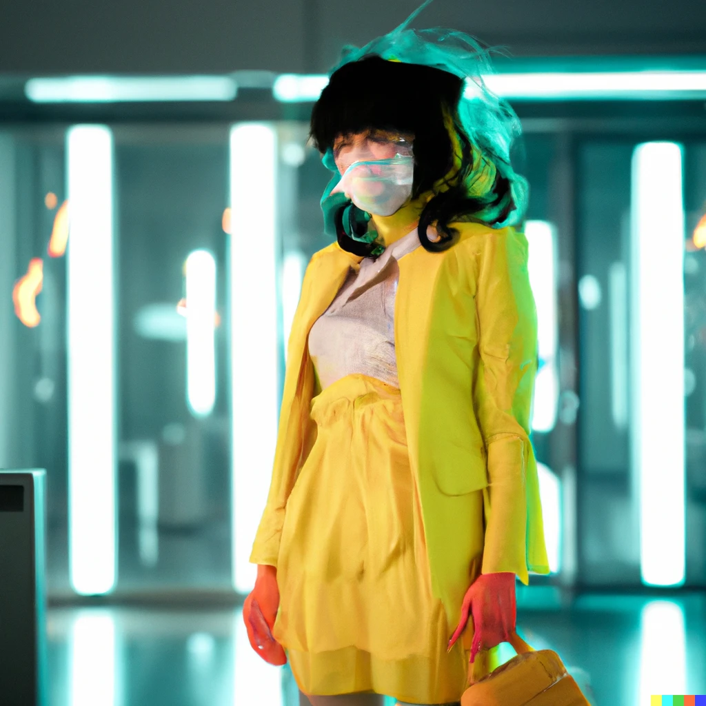 Prompt: High-quality film still of a stylish asian woman in the Willy Wonka pandemic; Patients infected by the Oompa Loompa respiratory virus are being treated. Long shot. Hospital lighting.