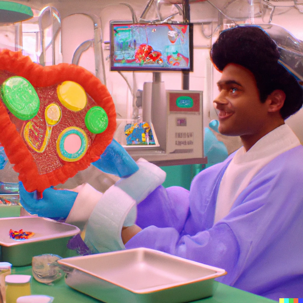 Prompt: High-quality documentary film still of Intensive Care medium care station in Willy Wonka's factory. Happy human patient is getting treatment for the Oompa Loompa virus. All medical equipment is made out of magic candy. Pastel hospital lighting. Hospital made out of Wonka factory magic candy.