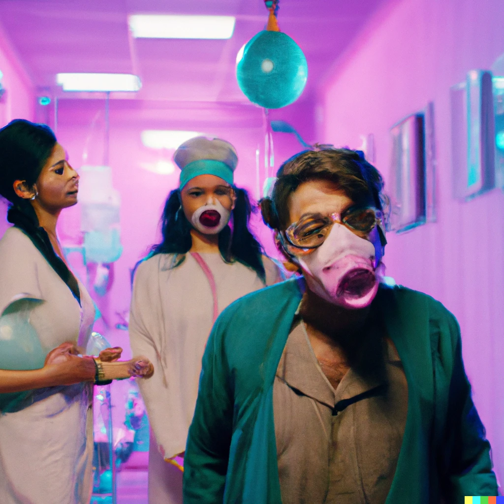 Prompt: High-quality film still of a stylish patients from India in the Willy Wonka pandemic; Multiple patients infected by the Oompa Loompa respiratory virus are being treated in the hospital. Long shot. Hospital lighting.