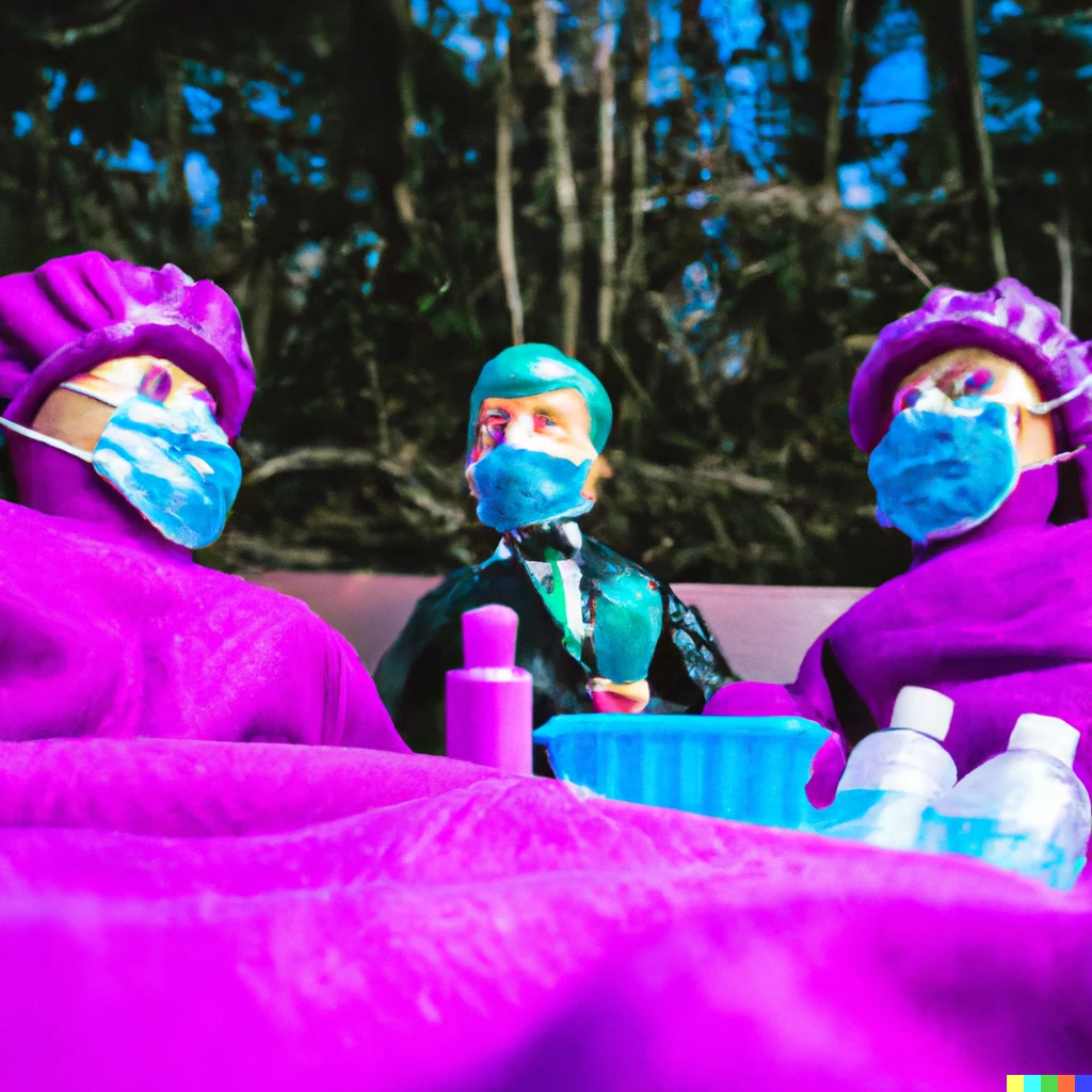 Prompt: Photo of the Willy Wonka pandemic outdoors; Patients infected by the respiratory virus are being treated.