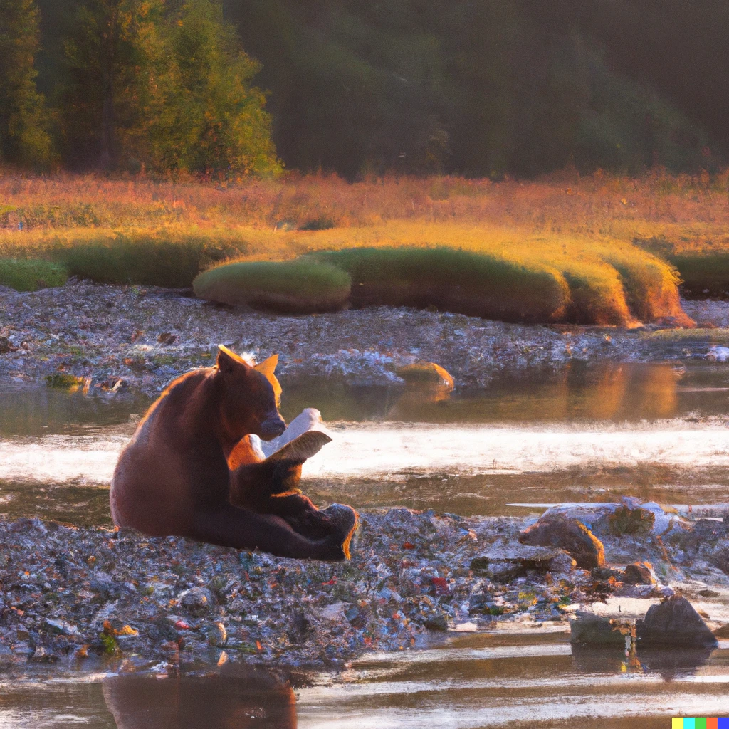 Prompt: A grizzlybear Reading a book in The fraserriver During the golden hour 