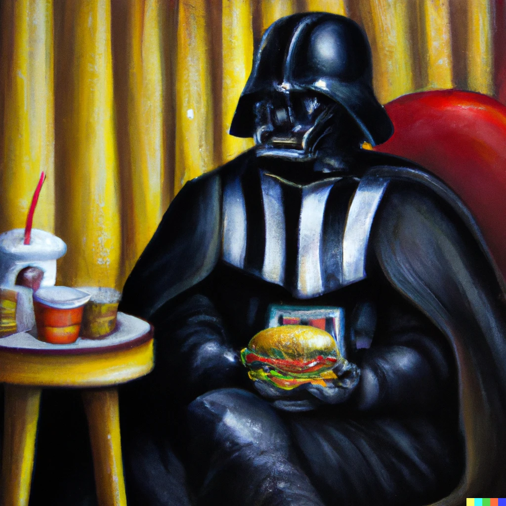 Prompt: A oil painting of Darth Vader sitting in McDonalds eating a cheeseburger with Ronald McDonald