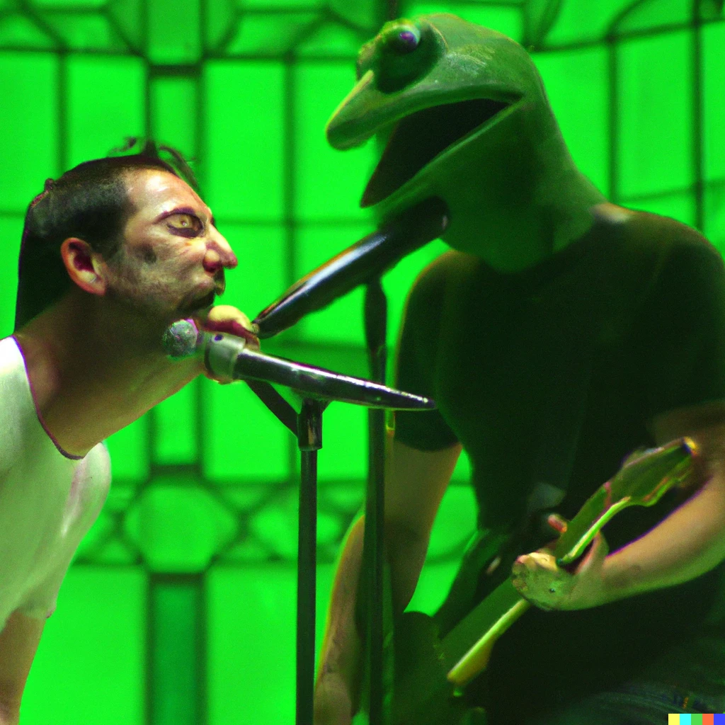 Prompt: Trent Reznor singing a duet with Kermit the frog live at coachella