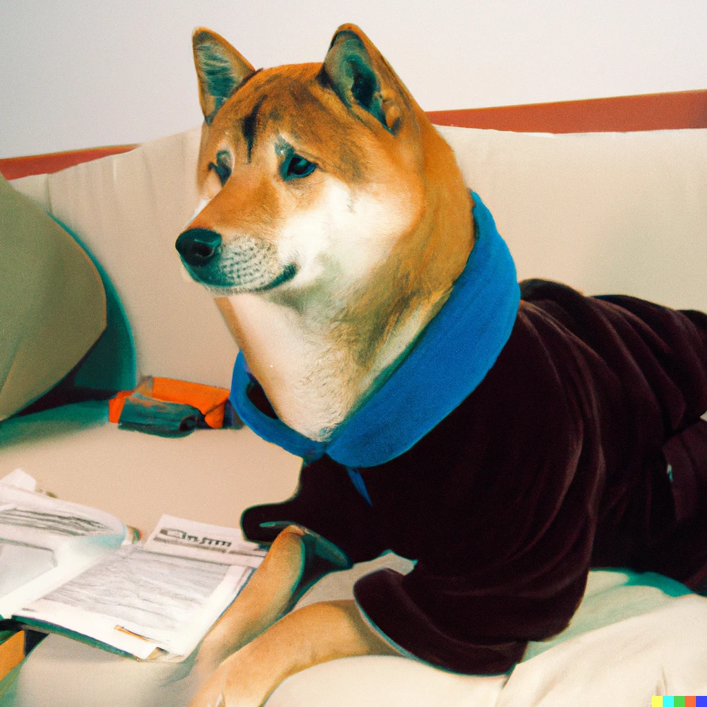 Prompt: A still of a shiba inu cast as Arthur Dent in The Hitchhikers Guide To The Galaxy (2005)