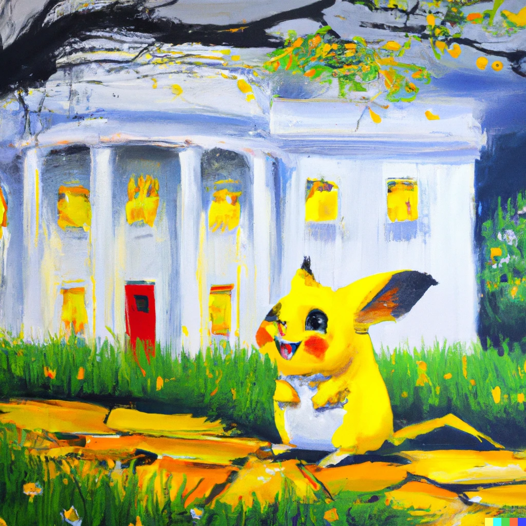 Prompt: Pikachu at the white house, oil painting