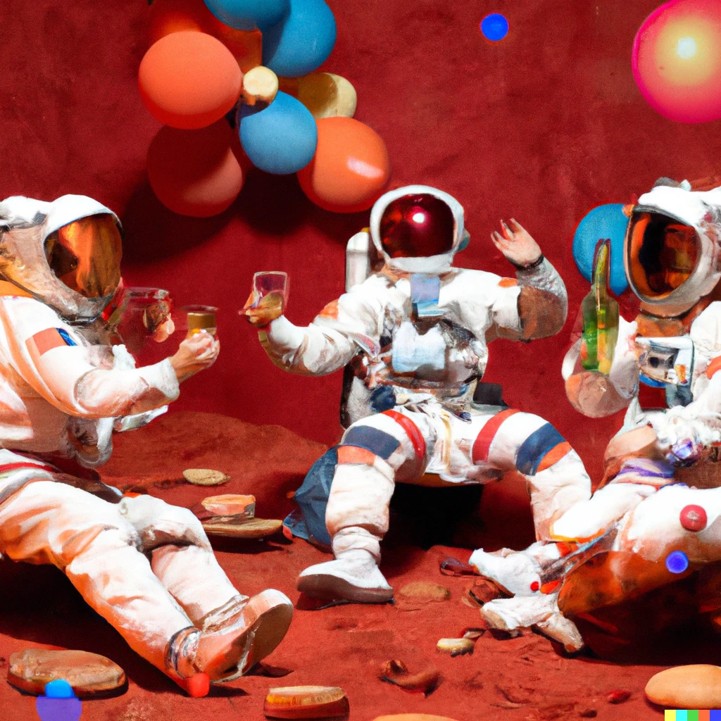 Prompt: Real looking image of Astronauts doing party on mars
