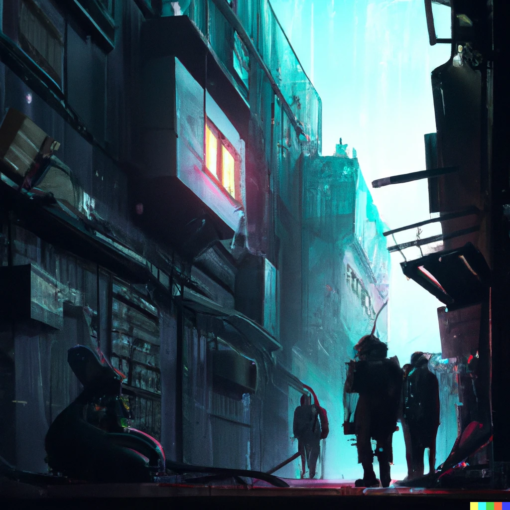 Prompt: A picture of a cyberpunk house in an alley like a slum and people are walking by