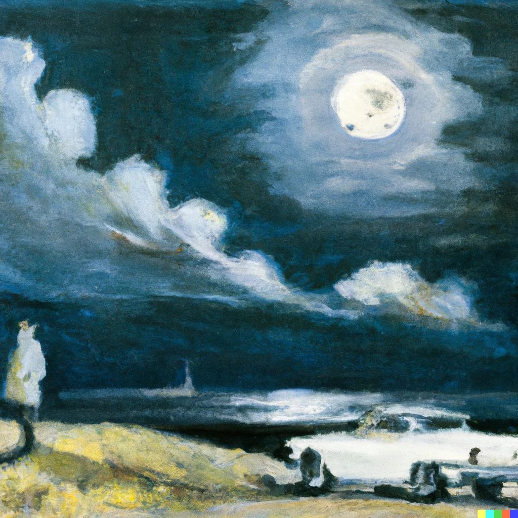 Prompt: Impressionistic painting from afar of A boy smoking a cigarette under the light of the full moon, next to a silver sedan car by the sea