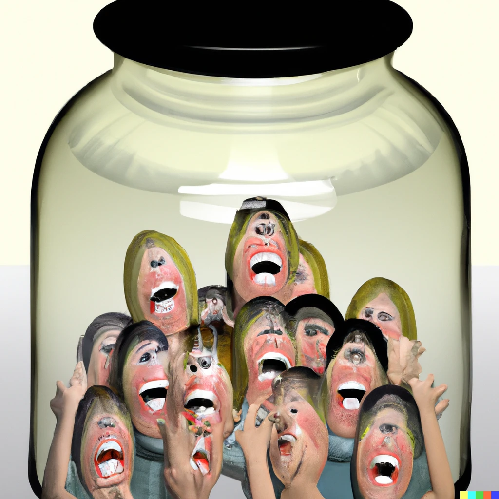 Prompt: A crowd of people screaming inside a jar