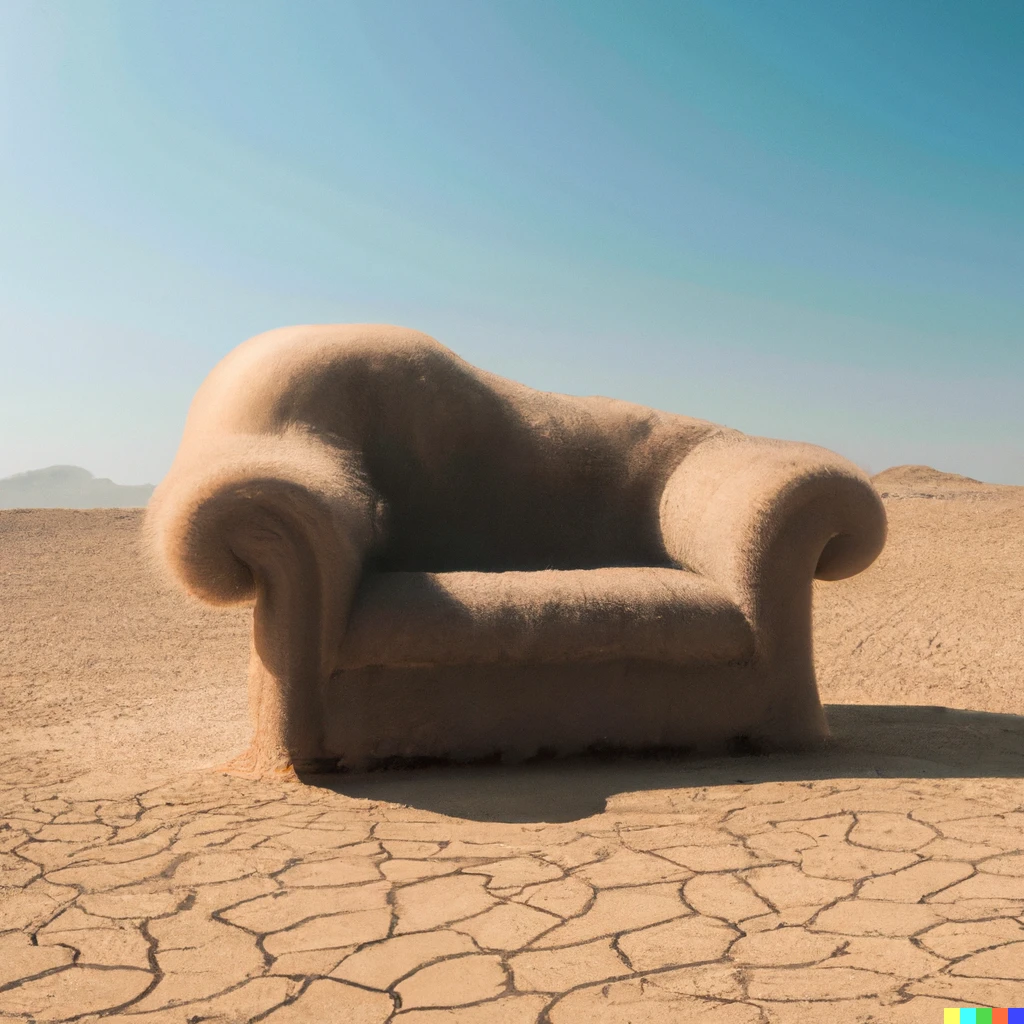 Prompt: A picture of a hairy chair in the shape of a person in the desert, with blue clear skies, it's a sofa