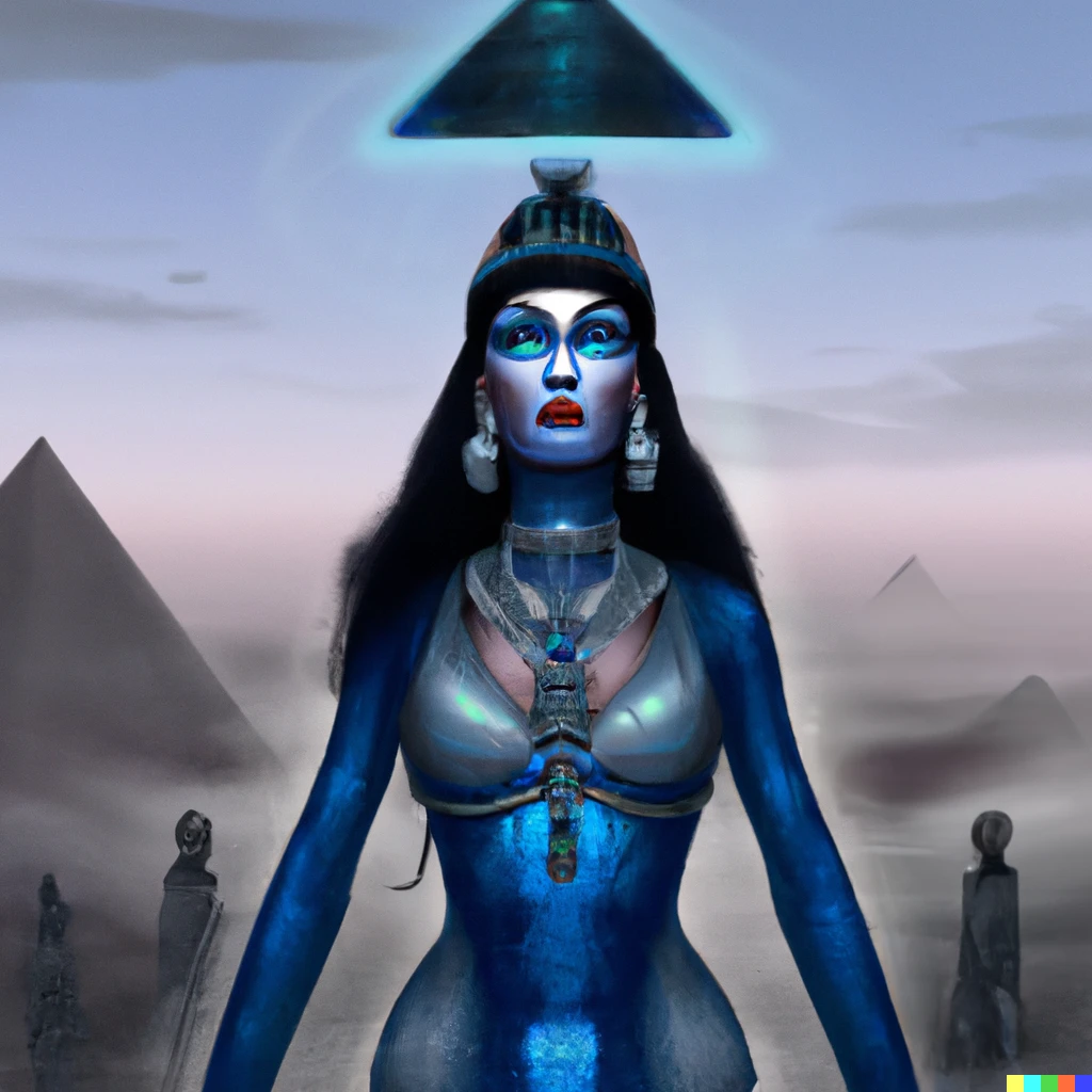 Prompt: A blue woman with a third eye on her forehead and she's wearing a crown. Her outfit is oriental. She's standing on top of a pyramid. On the background there is a cyborgs army on the ground and spaceships in the sky