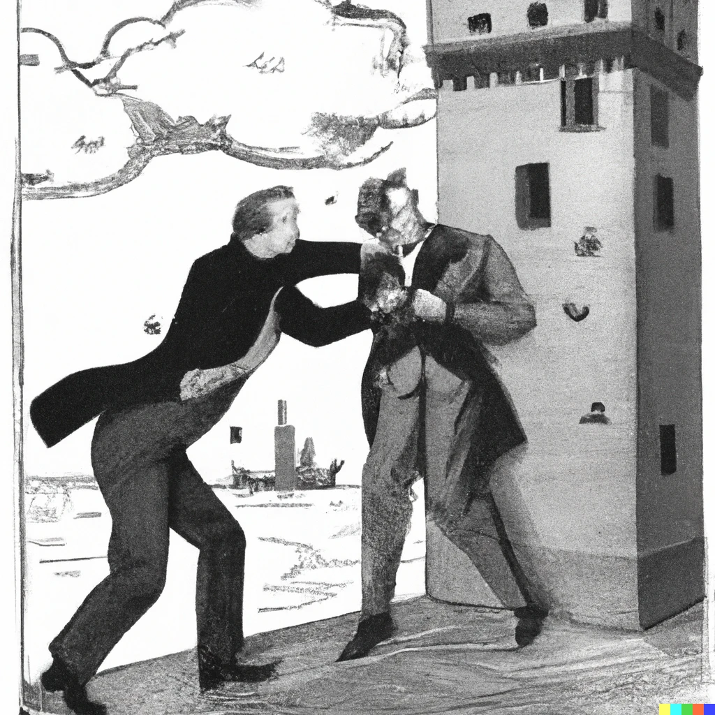 Prompt: Ezra Pound and T.S. Eliot fighting in the captain's tower