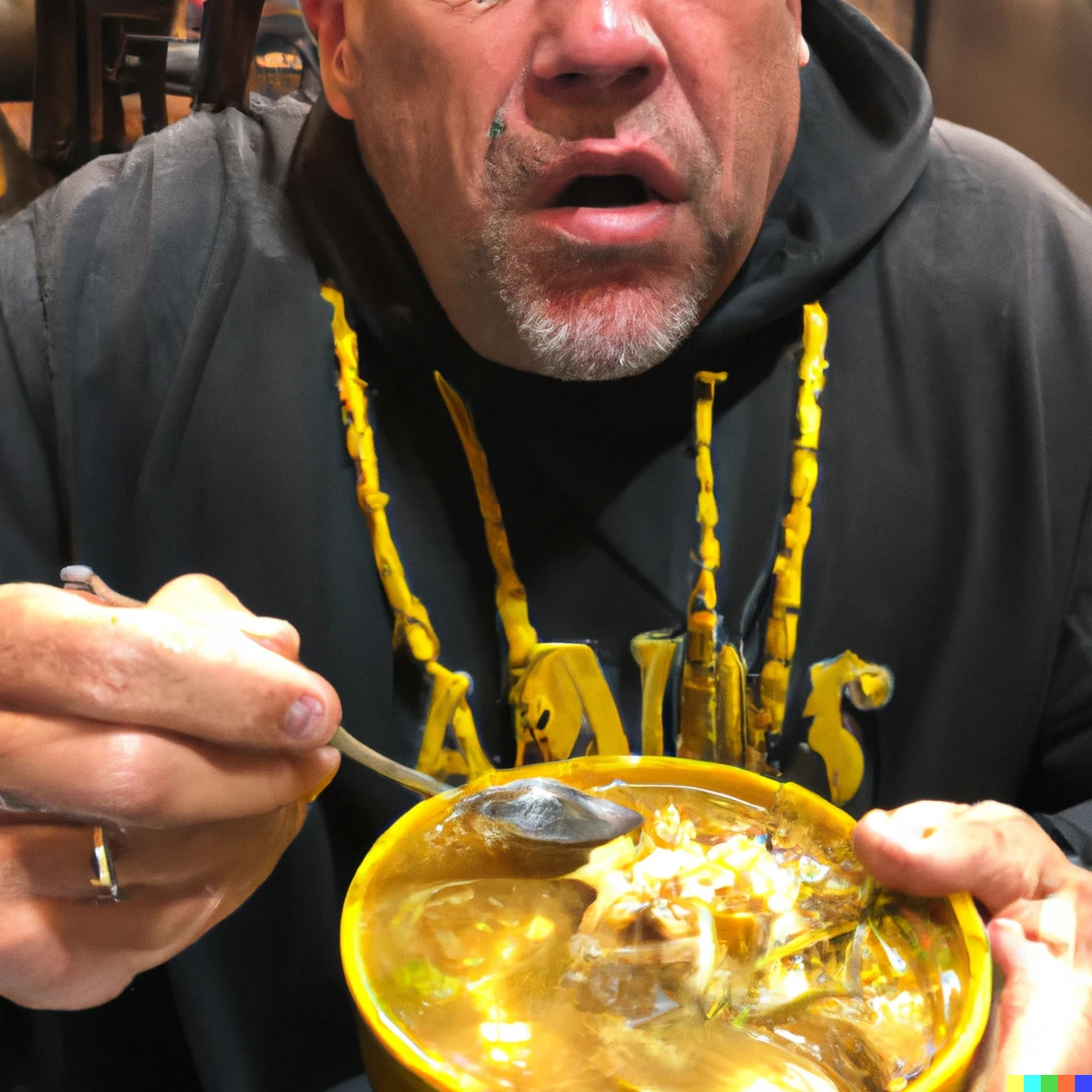 Prompt: Brian Kelly eating a huge bowl of gumbo