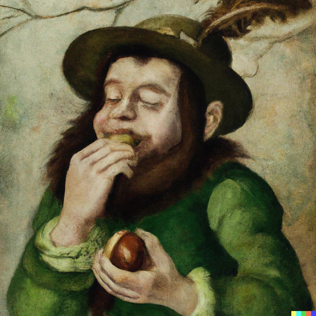 Prompt: An renaissance painting of a leprechaun eating a chestnut