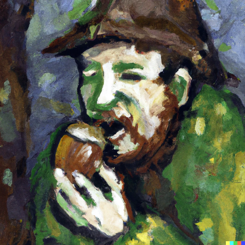 Prompt: An impressionist painting of a leprechaun eating a chestnut