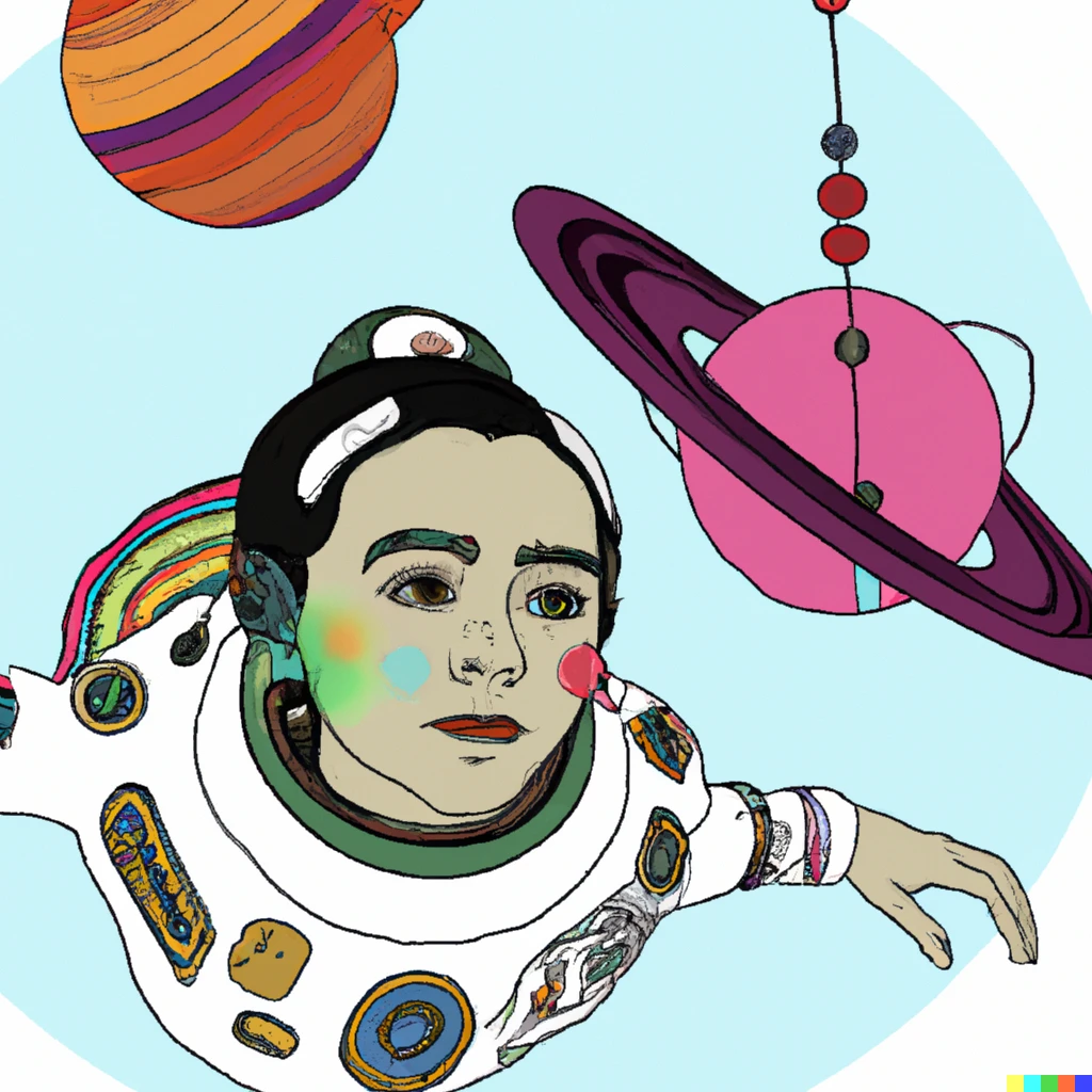 Prompt: A mexican astronaut floating next to Saturn Frida Kahlo style