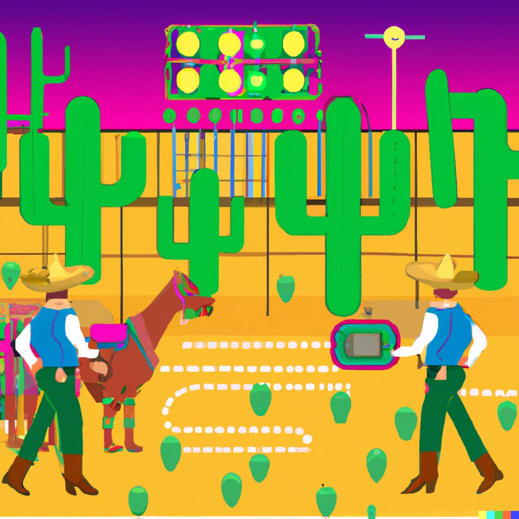 Prompt: A mexican electronic ranch, with automatic cactus, cyber Cowboys and neon sarapes, Cartoon style