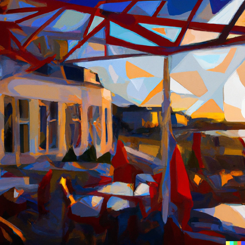 Prompt: A cubist painting of a restaurant terrace by Töölönlahti at sunset