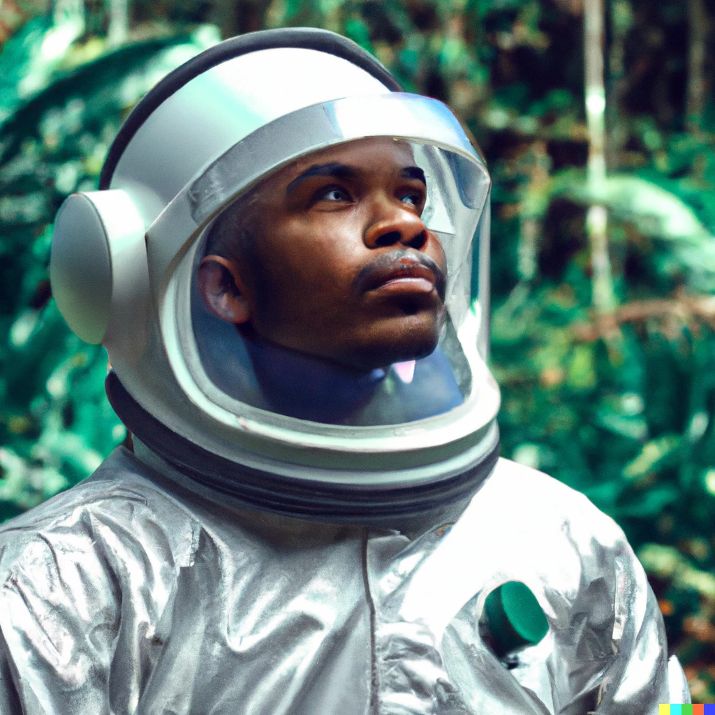 Prompt: Portrait Photo of an astronaut with the jungle un the background