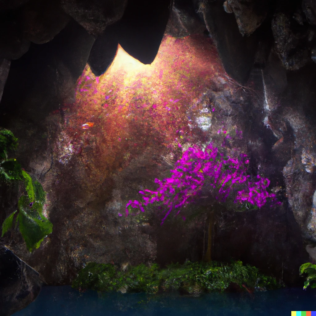 Prompt: a beautiful photo made by a panoramic camera of a huge cave with a lake in the bottom, the lake has a small island with a pink flower tree in the middle and on the top of the cave there is a hole where lightning passes through light illuminating the whole scene