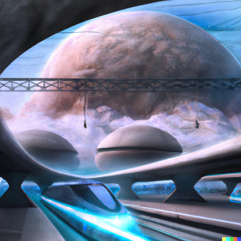 Prompt: a futuristic station of a high-speed train between two planets that is waiting for the train to arrive, the tracks are suspended in the sky, digital art