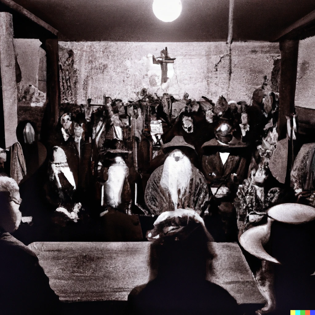 Prompt: a creepy old photo of a cult worshiping an evil old god