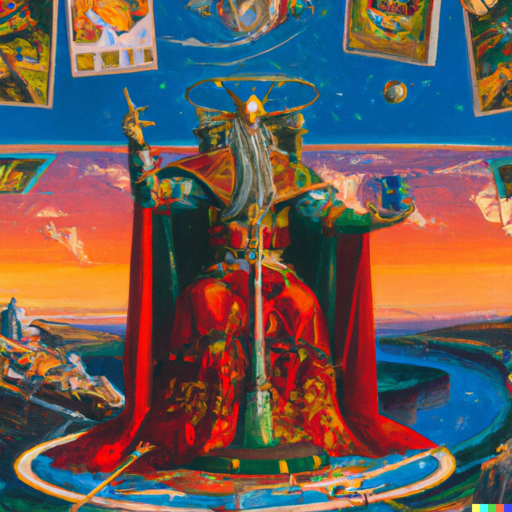 Prompt: a painting by Robert McCall of a tarot card of god