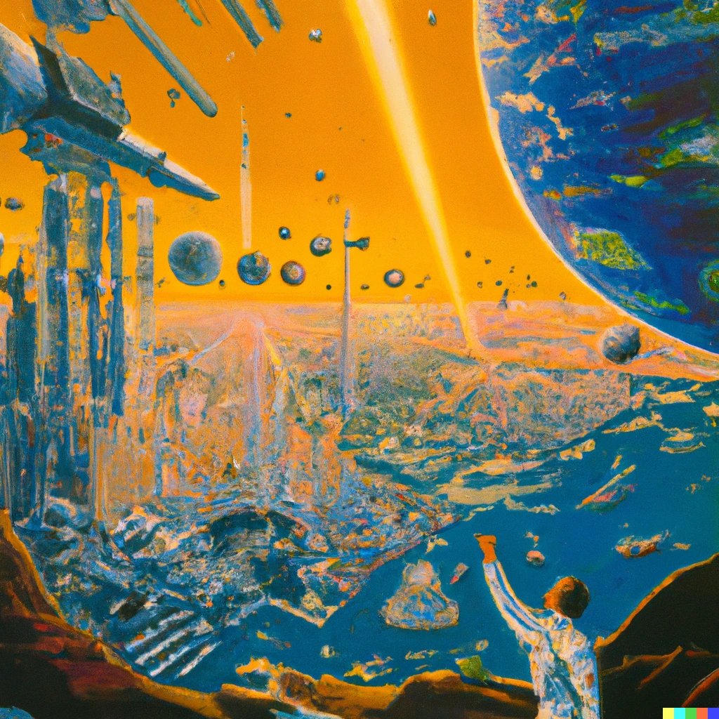 Prompt: a painting by Robert McCall of the humanity