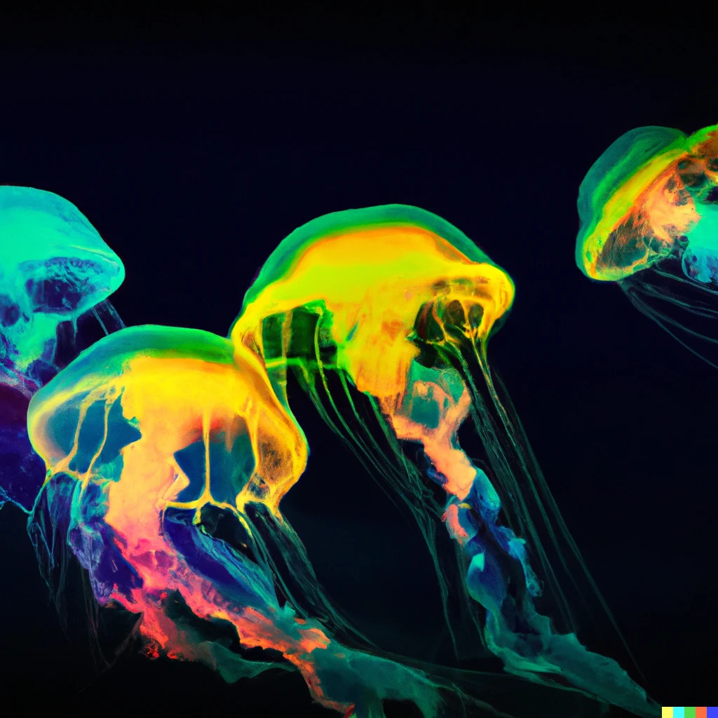 Prompt: a group of neon jellyfish in the abyssal zone, digital art, organic, vibrant, natural, wide-angle lens, long exposure