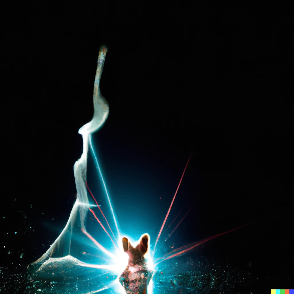 Prompt: A splash of water in the shape of Corgi being hit by a laser ray, creating refractions on dark smoke in the background