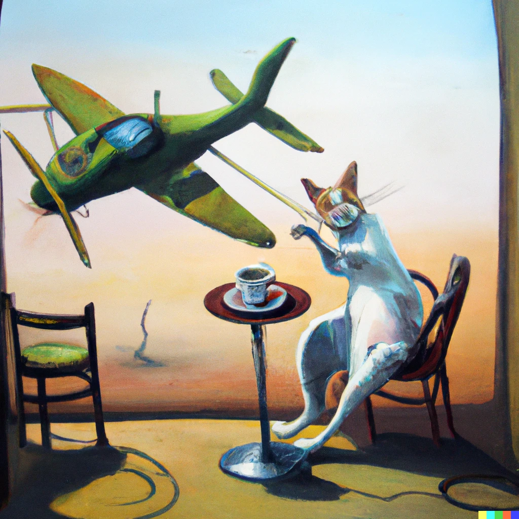 Prompt: A Salvador Dali painting of a cat eating an aeroplane in a Starbucks 