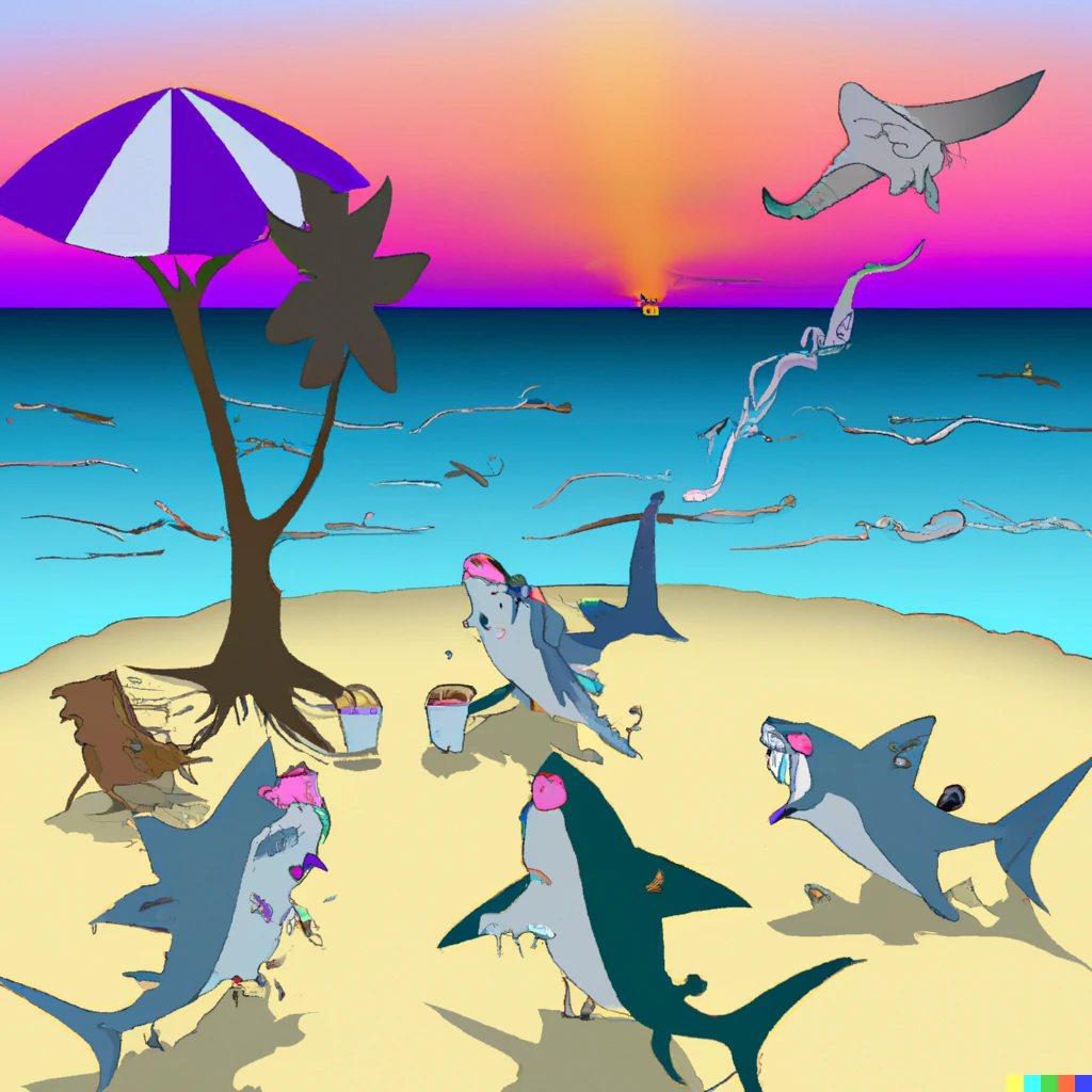 Prompt: A family of sharks drink coffee on the beach while watching swordfish flying overhead.