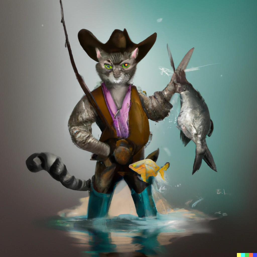 Prompt: A cowboy cat with two pistols pointed at a fish. Digital art 