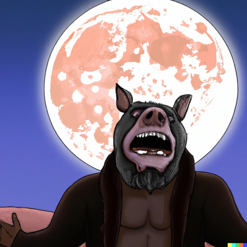 Prompt: Half man half bear half pig howling at the full moon digital art 