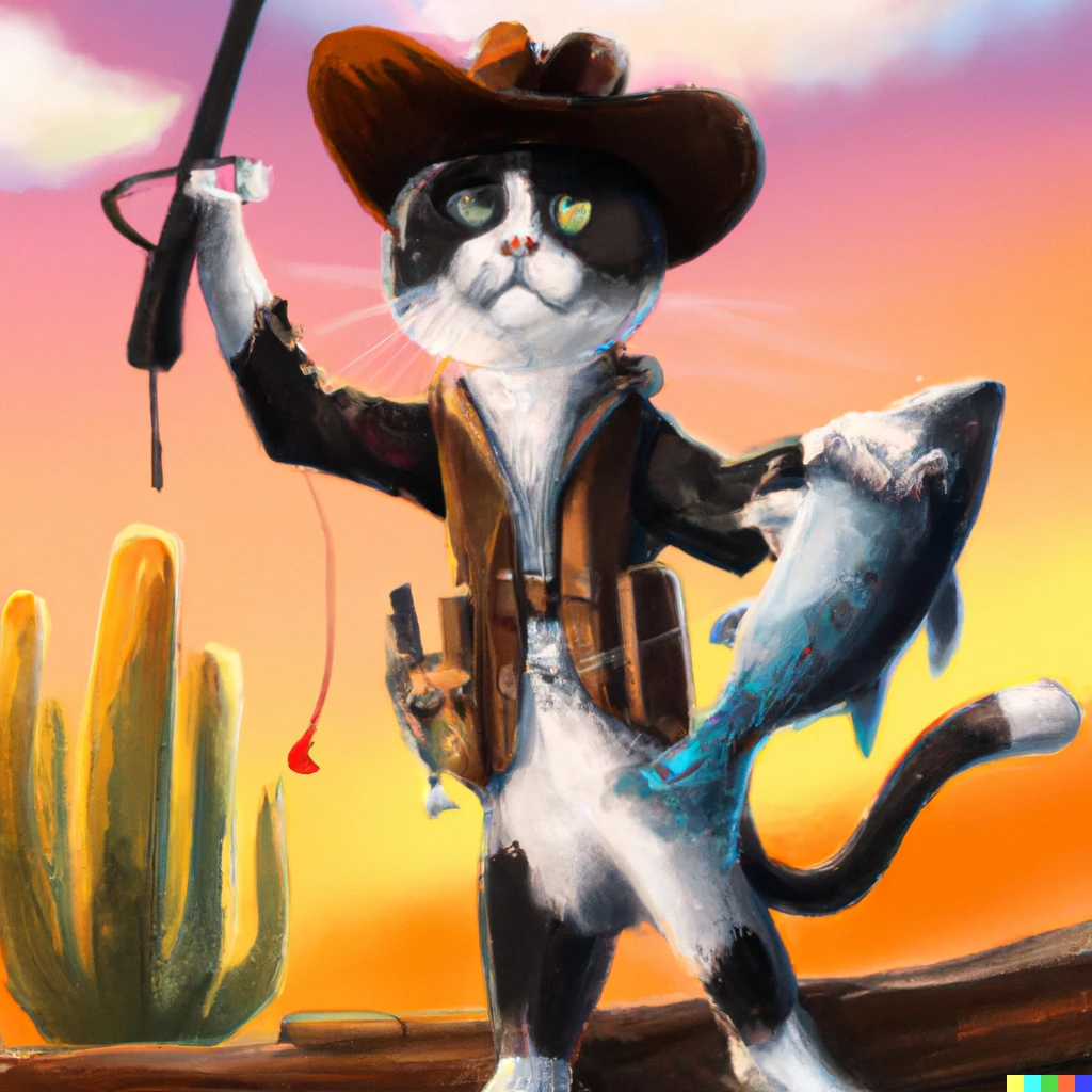 Prompt: A cowboy cat with two pistols pointed at a fish. Digital art 