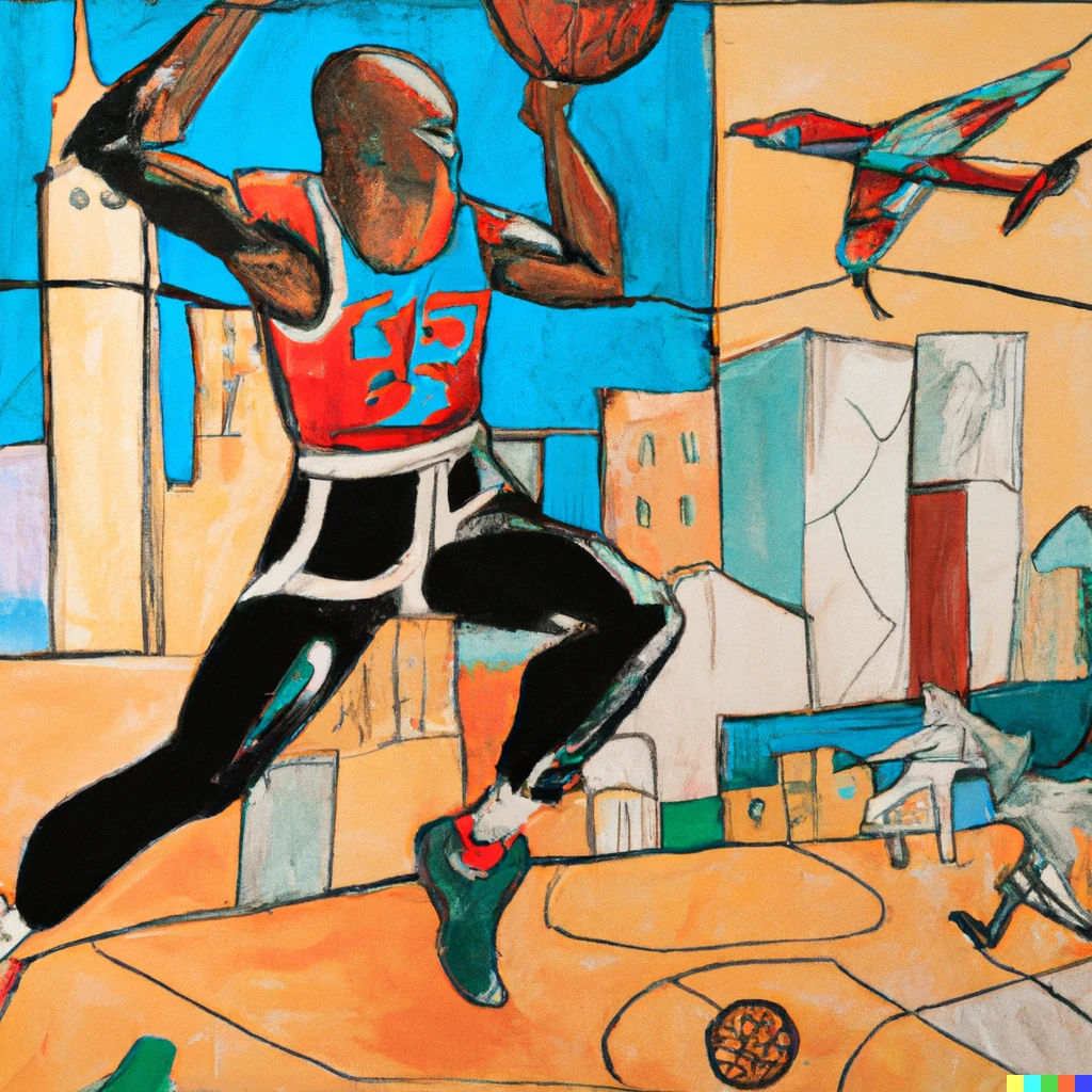 Prompt: michael jordan playing basketball in new york city painted by picasso