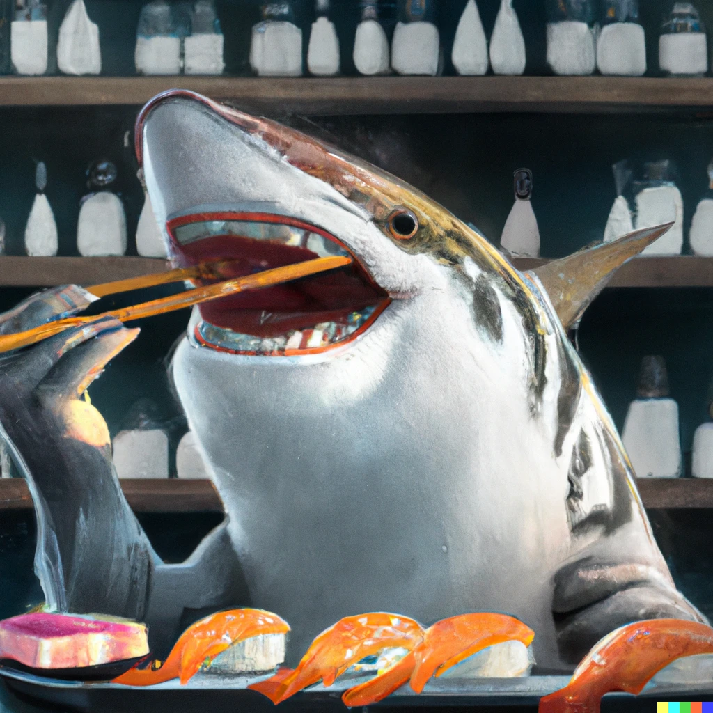 Prompt: a great white shark eating sushi with traditional chopsticks, Digital art