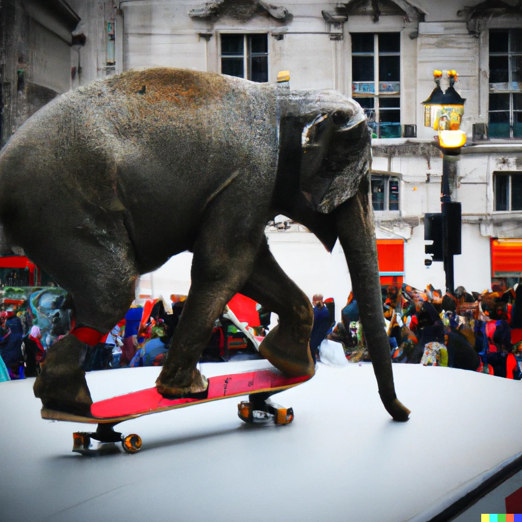 Prompt: A photo of a elephant on a skateboard inpiccadilly circus