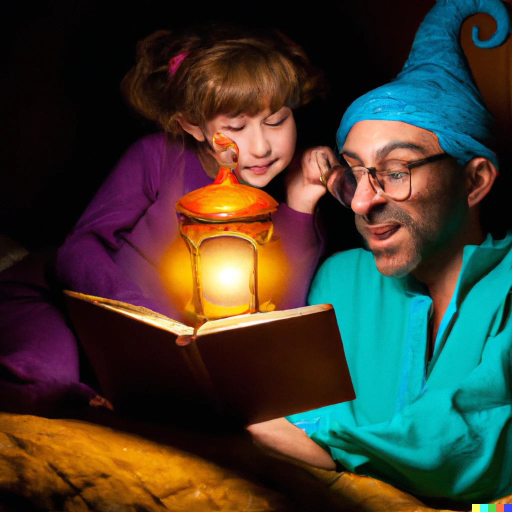 Prompt: a friendly genie with glasses reading a bedtime story to a young child by lamplight