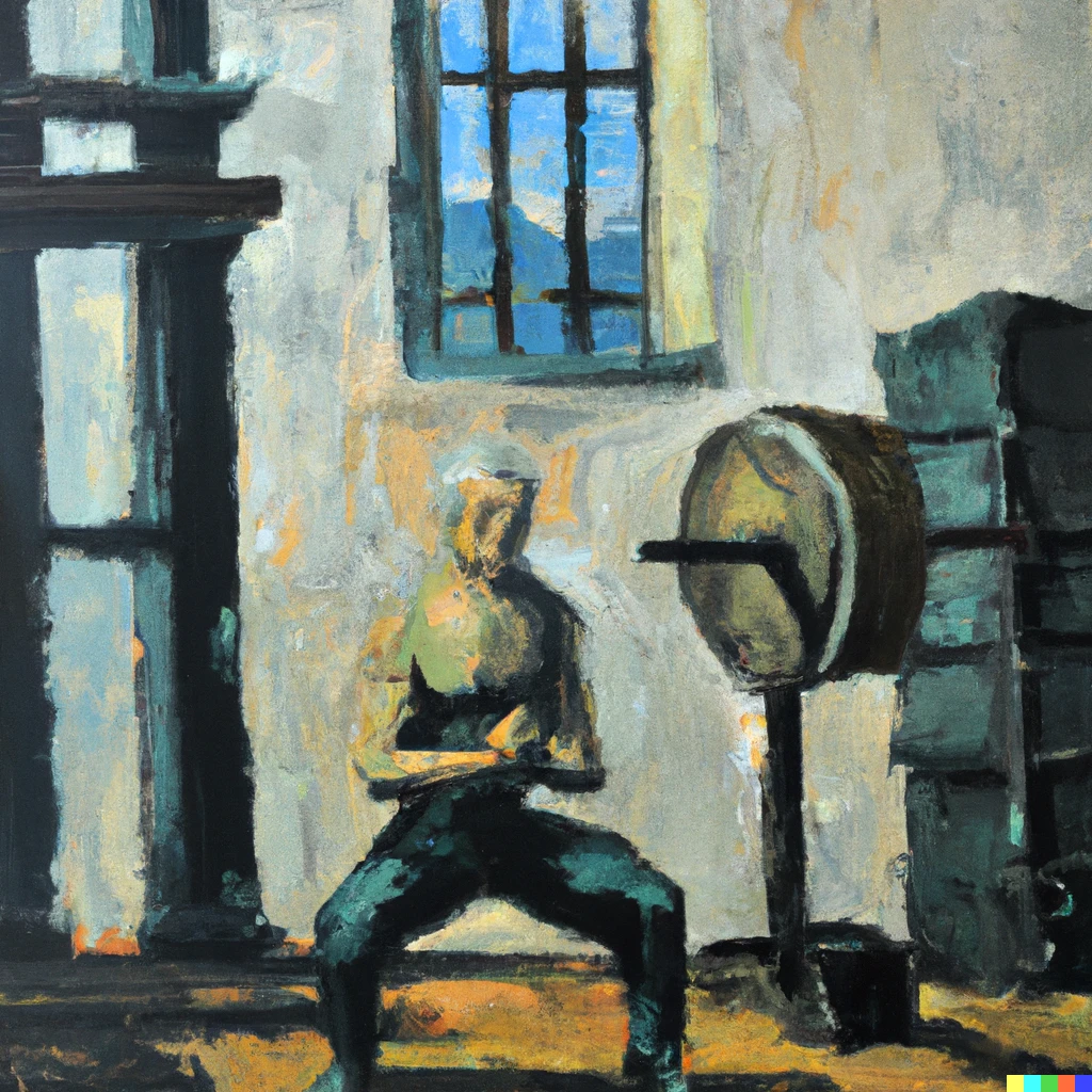 Prompt: Oil painting of man doing Jefferson squats weight lifting in concrete jail cell