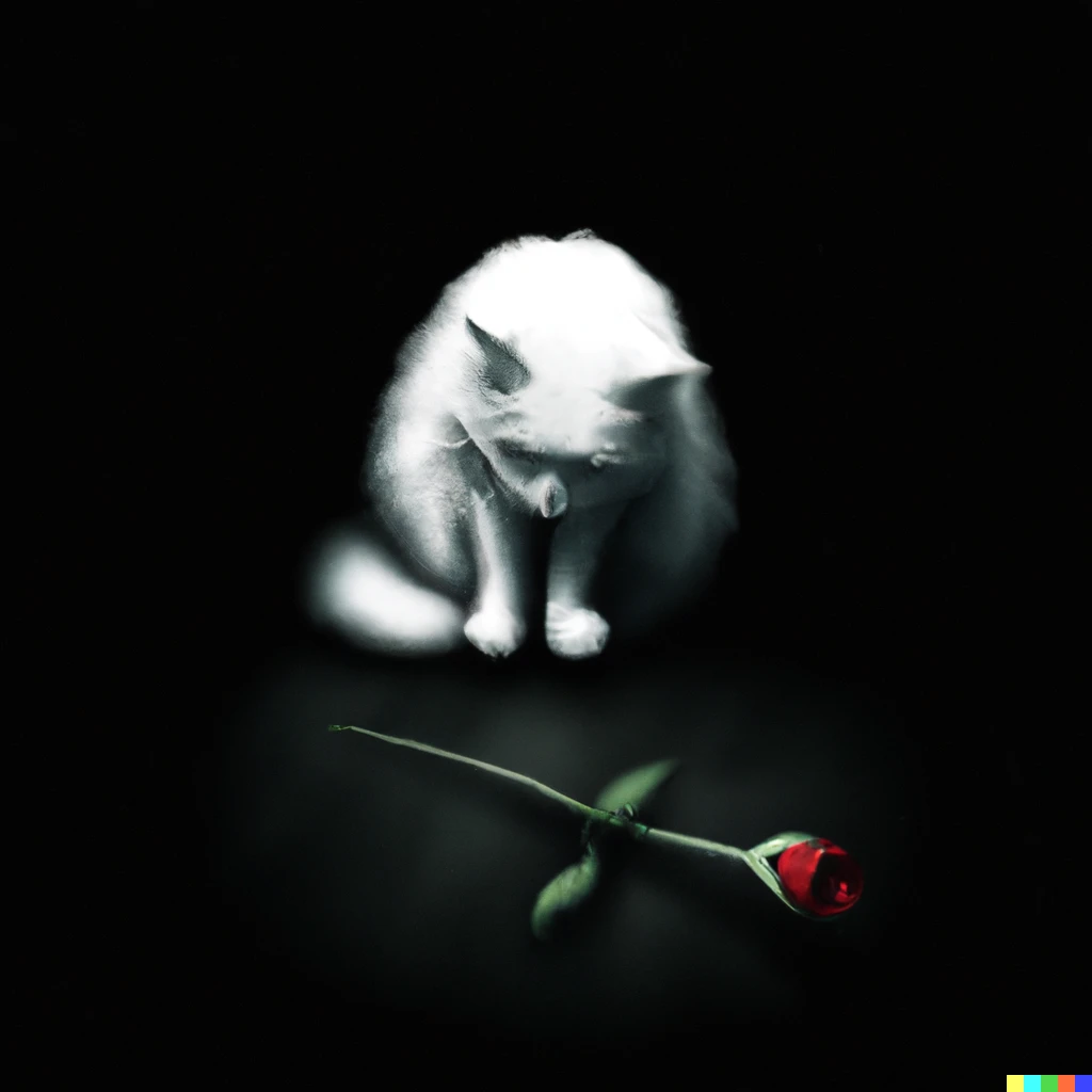 Prompt: a realistic digital artwork of a white cat sitting in the middle of a void of pure darkness looking at a single red rose that is growing from the floor
