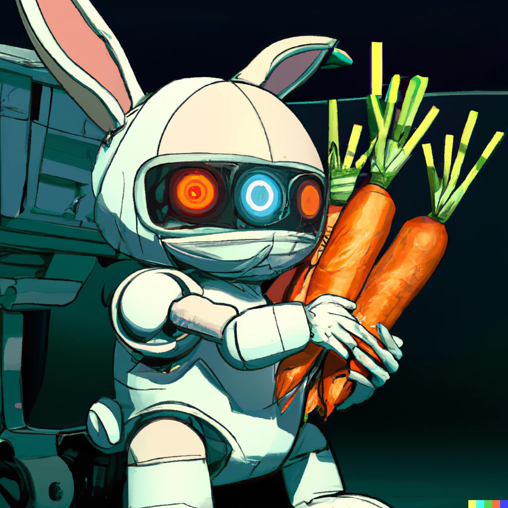 Prompt: Advertising poster for baby carrots, featuring a Droid Rabbit holding mini carrots, cyberpunk setting