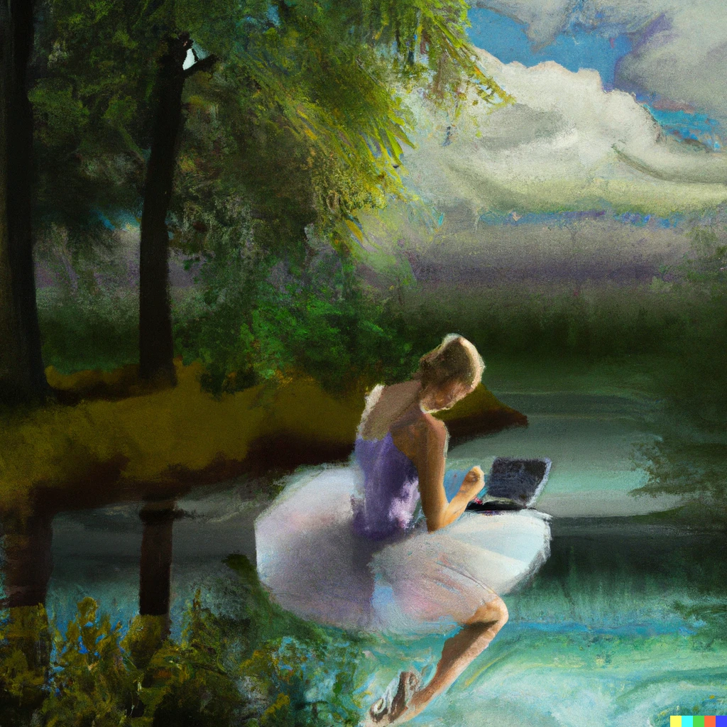Prompt: A ballerina on a computer at the edge of a lake painted as Monet